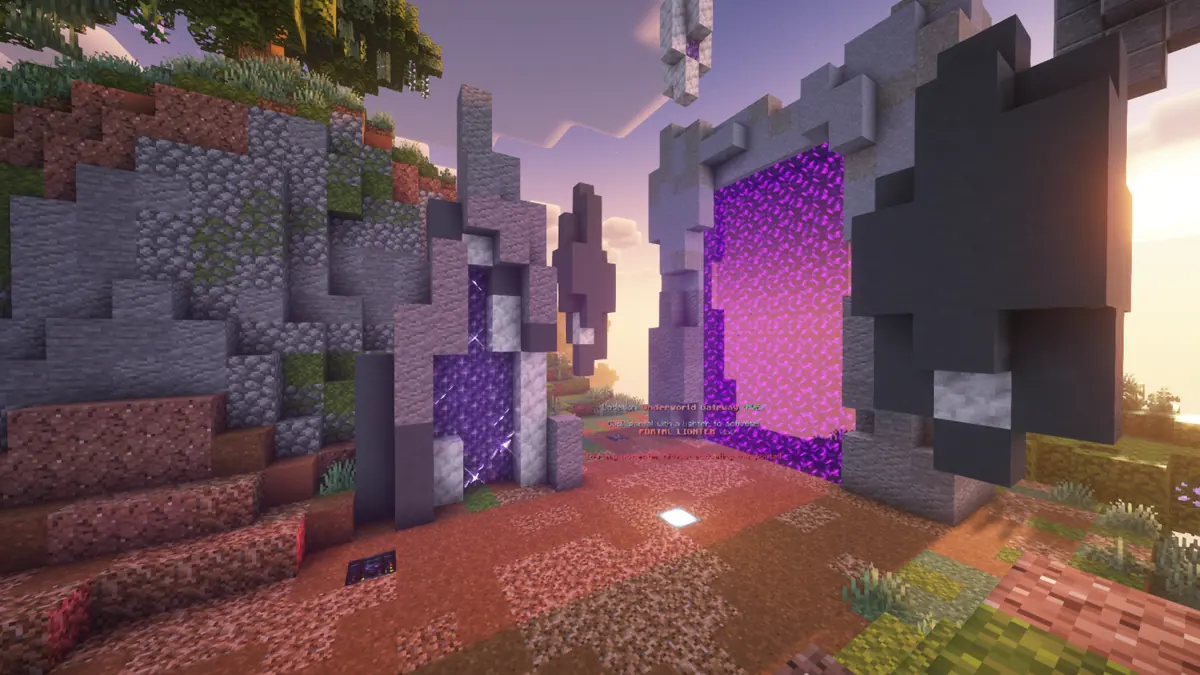 Purple portals at Portal Mountain on the OraclePvP Skyblock server